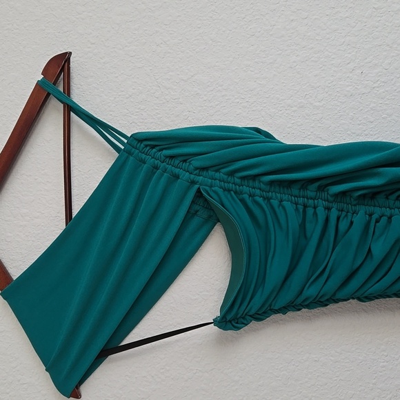 Zac Posen Elegant Green Off One Shoulder Matte Jersey Ruched Mini Dress Size XS - Picture 4 of 5